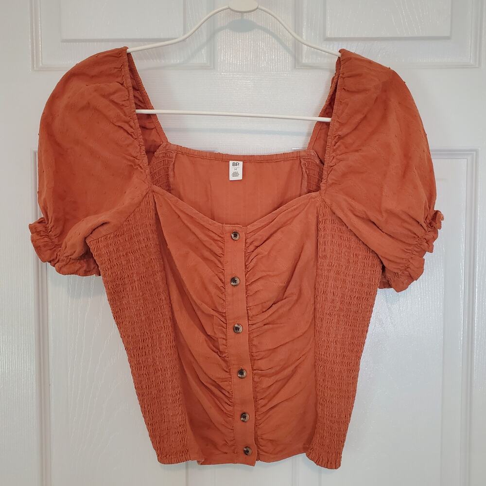 BP. Swiss Dot Ruched Puff Sleeve Top Rust Orange Size M - Picture 3 of 9